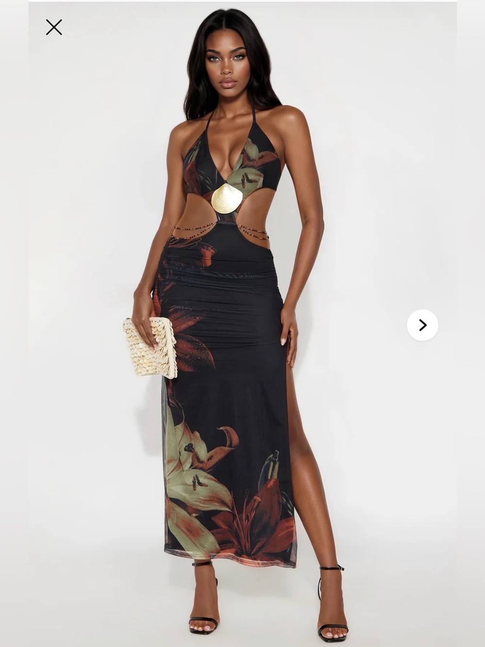 Fashion Nova Black Floral Cutout Maxi Dress with Gold Accent